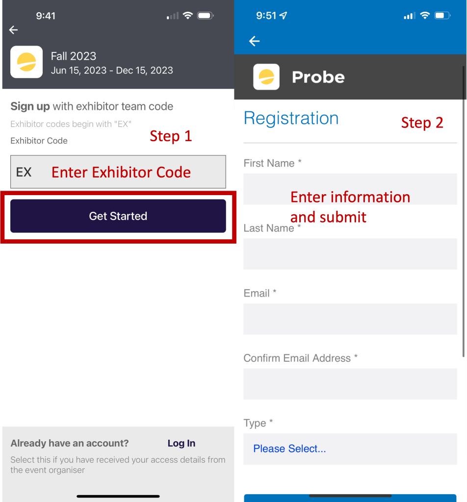 Create an account with an Exhibitor Code